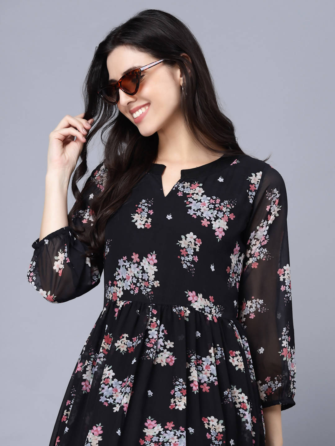 Myshka Black Floral Keyhole Neck Georgette Maxi Dress - Distacart