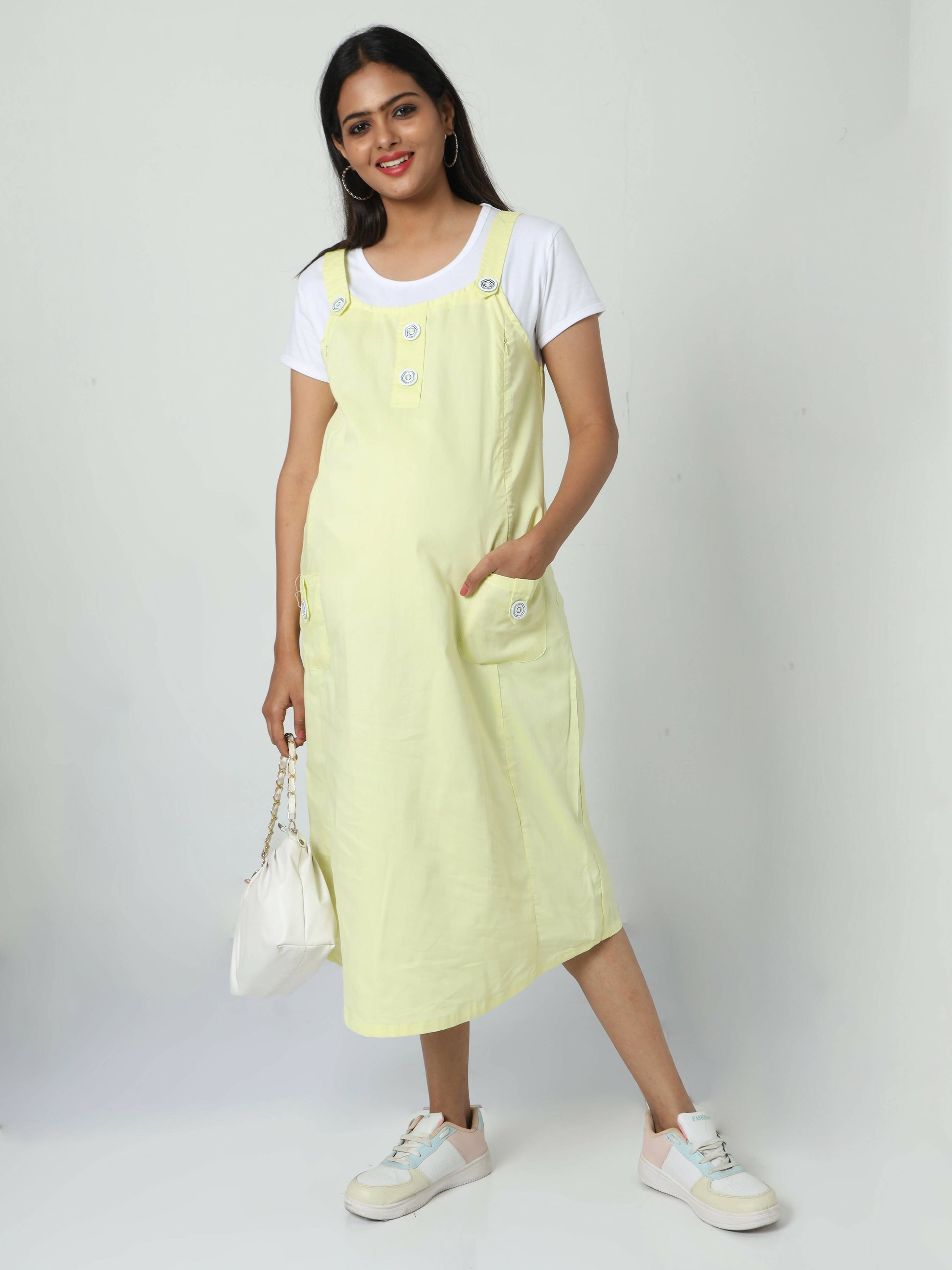 Manet Half Sleeves Solid Maternity Dress With Concealed Zipper Nursing Access - Yellow - Distacart