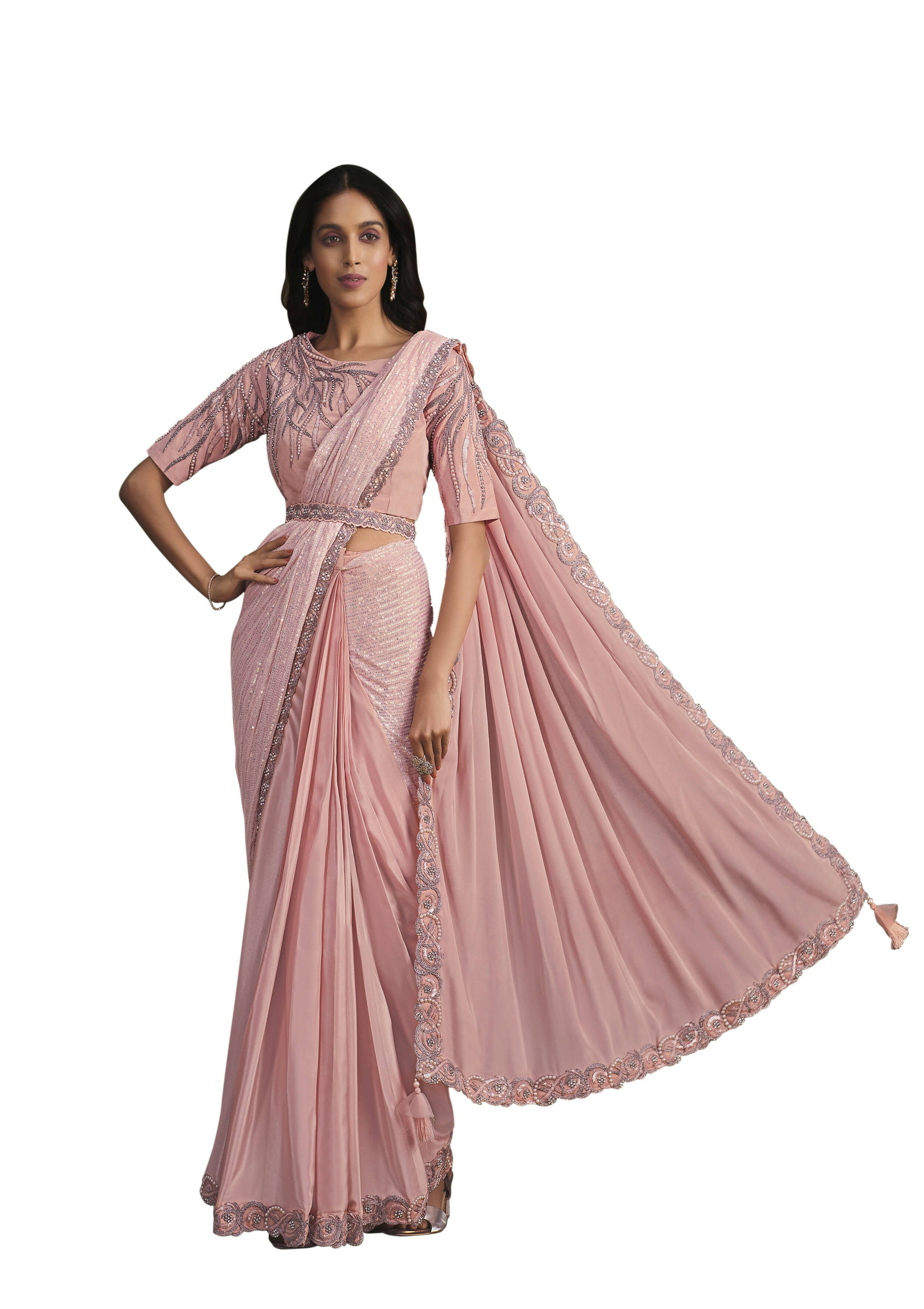 Peach Georgette Crepe Silk Sequence Embroidered Saree With Stitched Blouse - Mohmanthan La Belle - Distacart