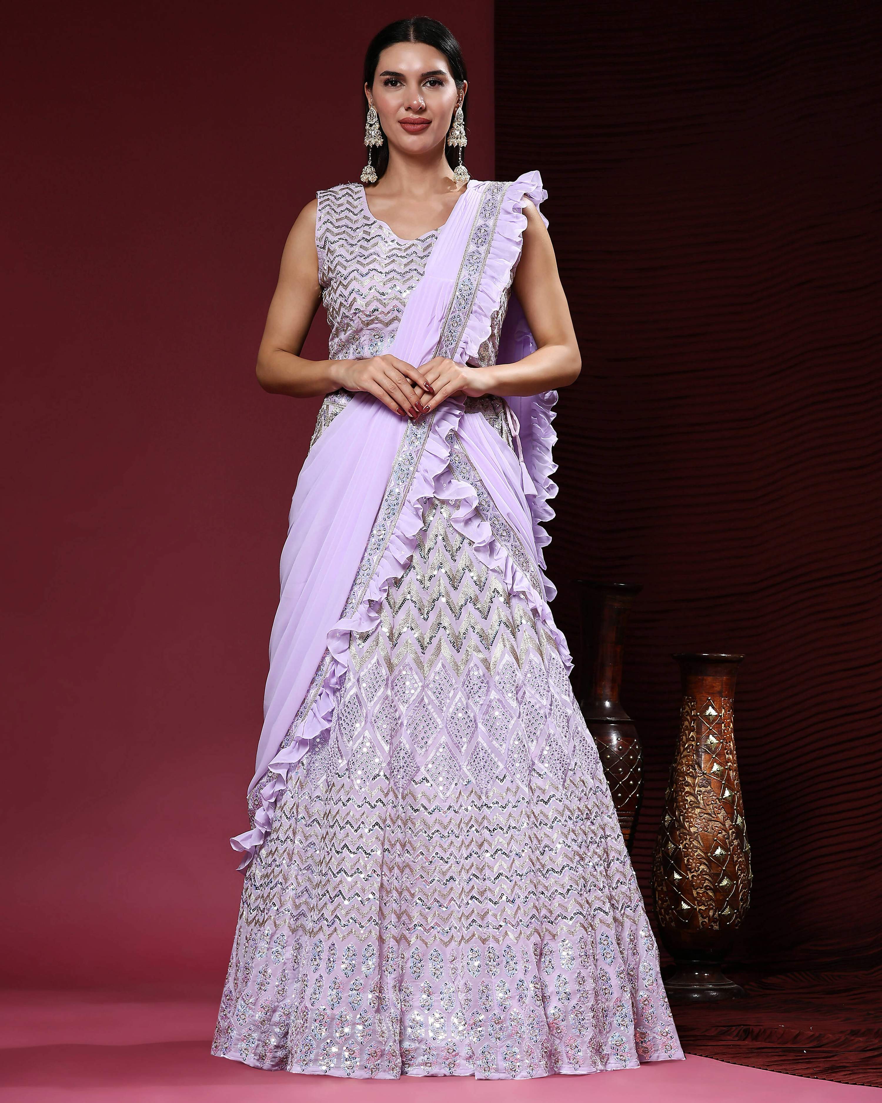 Lavender Pure Viscose Georgette Thread With Sequins Embroidery Work Lehenga Choli With Dupatta - Tanya - Distacart