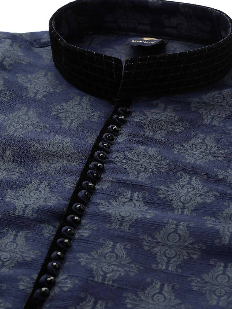 Manyavar Men Navy Blue & Off-White Printed Kurta with Churidar - Distacart
