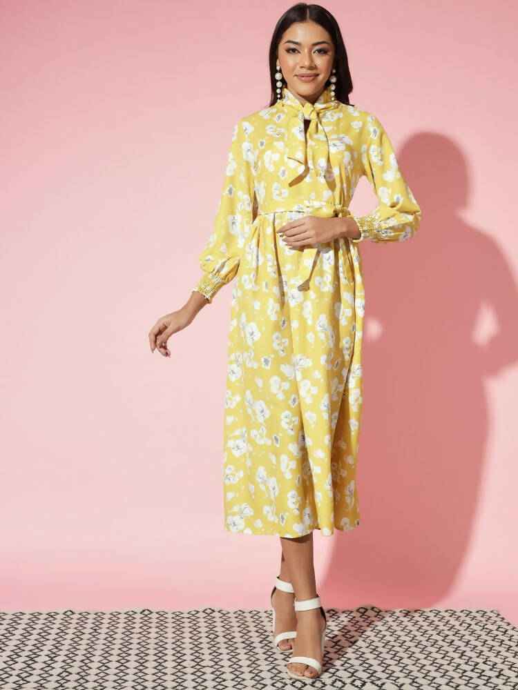 Myshka Women Yellow Floral Rayon A-Line Shirt Collar Dress - Distacart