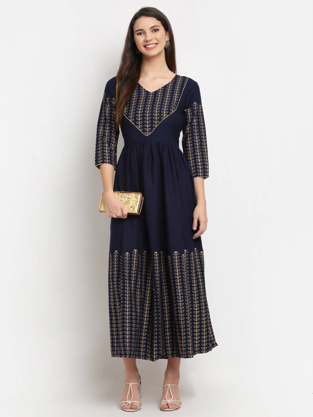 Rudra Bazaar Gold Printed A-line flared Blue kurti - Distacart