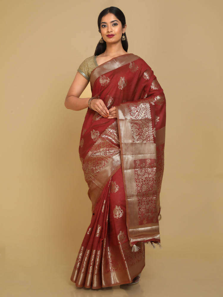 Kalamandir Peacock Print Red Silk Blend Saree