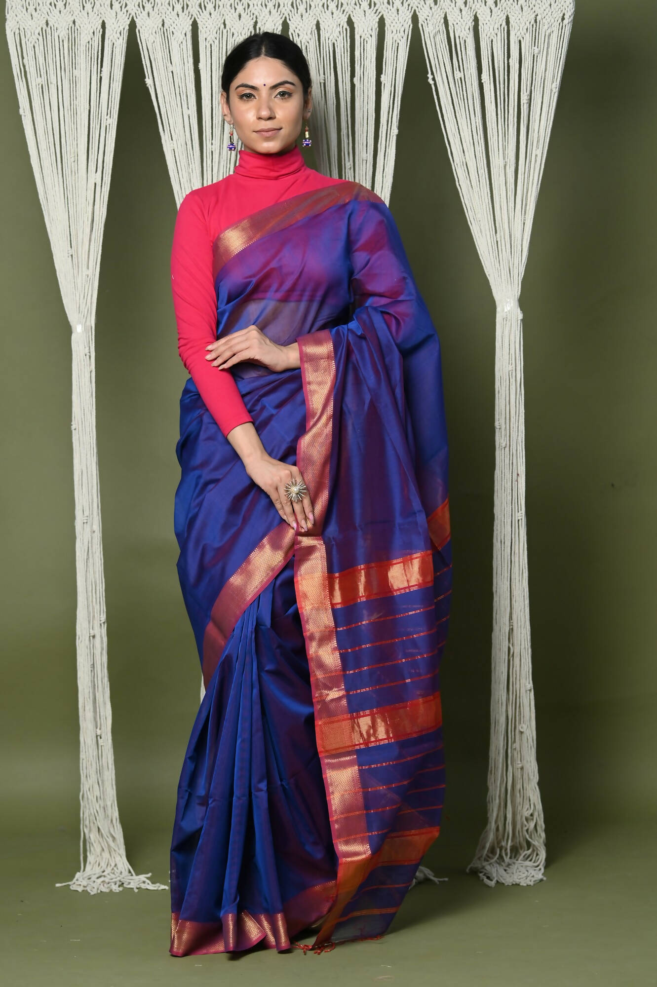 Very Much Indian Handloom Cotton Silk Maheshwari Saree With Sleek Golden Border - Dark Blue - Distacart