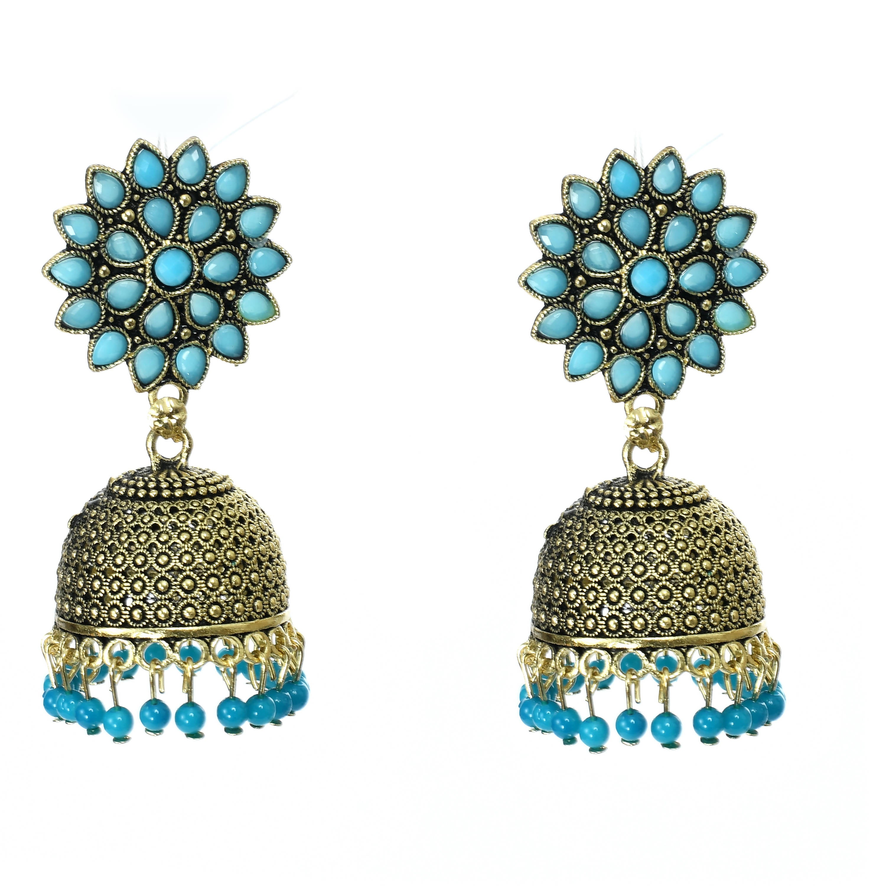Mominos Fashion Johar Kamal Beautiful Kundan Work Jhumka With Sky Blue Beads - Distacart