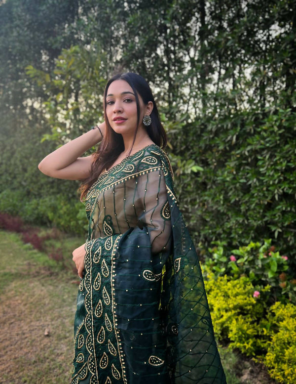 Vamsee Green Organza Saree - Distacart