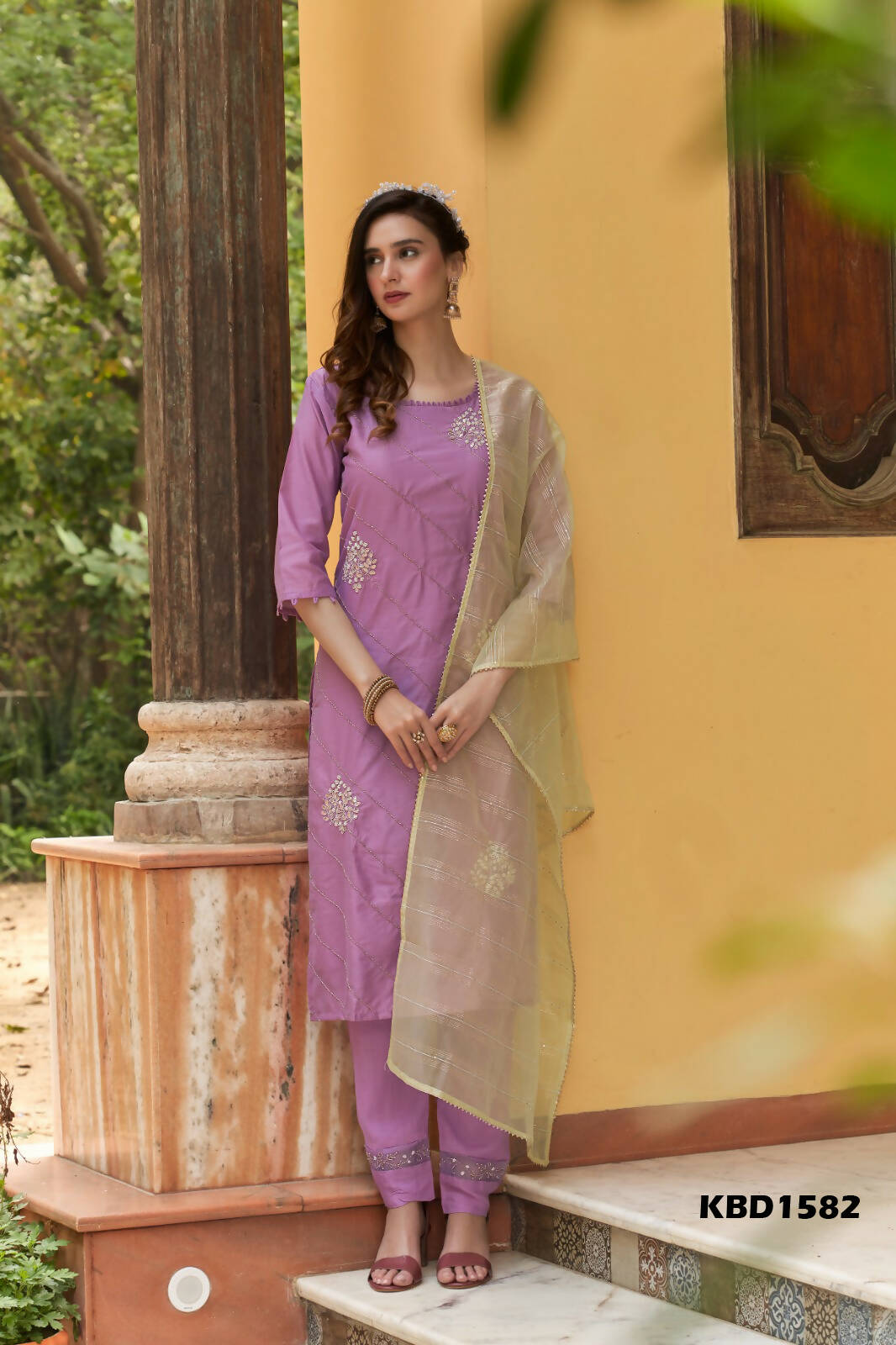 Lavender Chinon Embroidered Kurta and Bottom with Dupatta - Akashara - Distacart