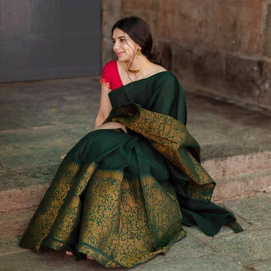 DEIANA'S Beautiful Golden Jari with New Design Soft Lichi Silk Saree - Green - Distacart