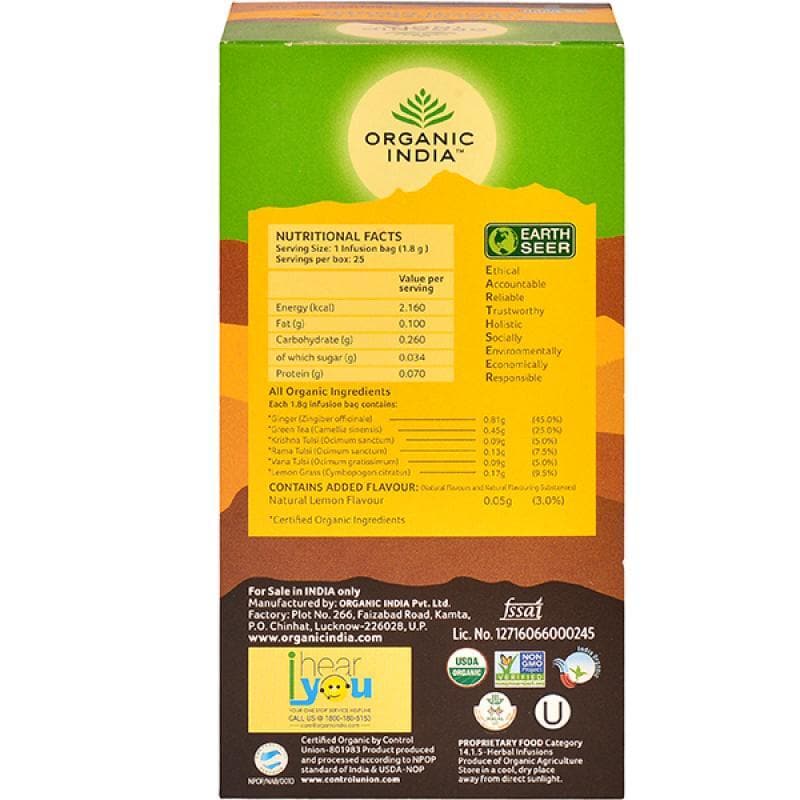 Organic India Tulsi Green Tea Lemon Ginger 25 Tea Bags - Distacart