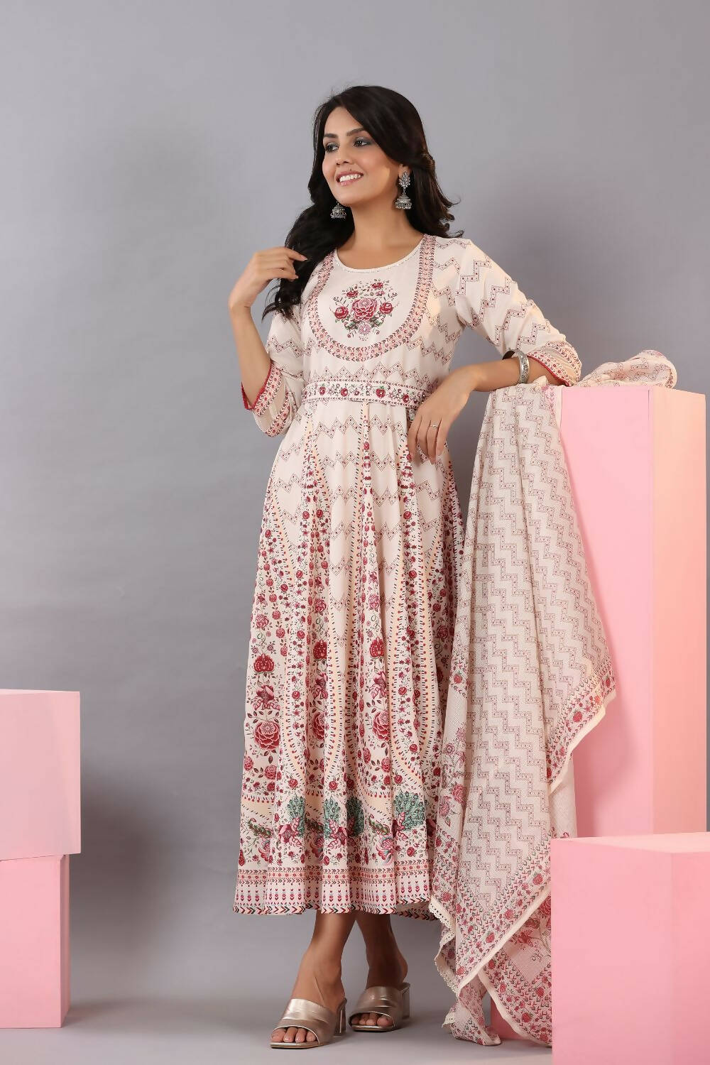 Juniper Women Ecru Rayon Floral Printed Kurta and Dupatta Set - Distacart