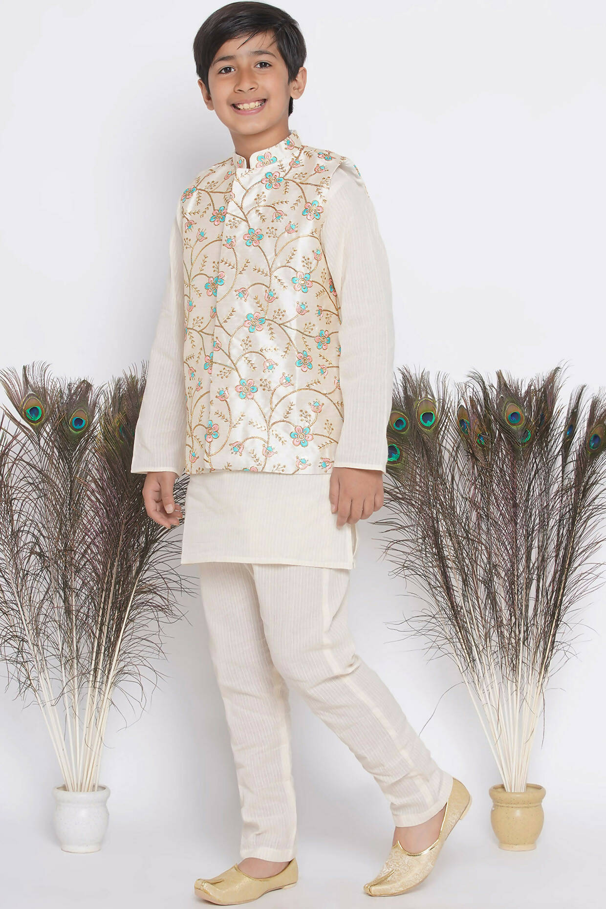 Little Bansi Banarsi Silk Pink Blue Floral Embroidery Jacket with Cotton Kantha kurta and Kantha Pyjama - Cream - Distacart