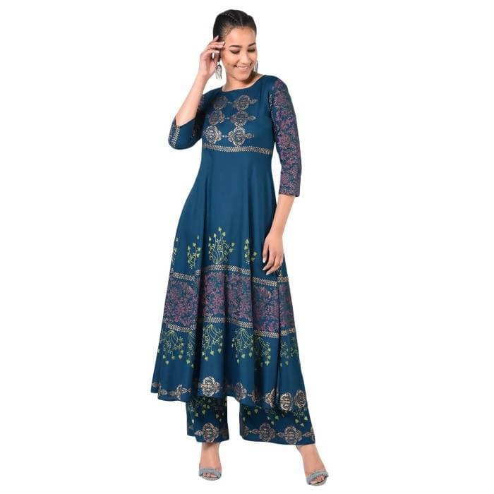 Aniyah Latest Cotton Block Printed Straight Kurta Blue Palazzo Set (AN-159K)