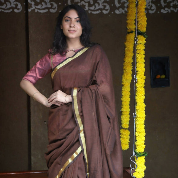 Very Much Indian Pure Cotton Handloom Saree With Intricate Borders - Brown - Distacart