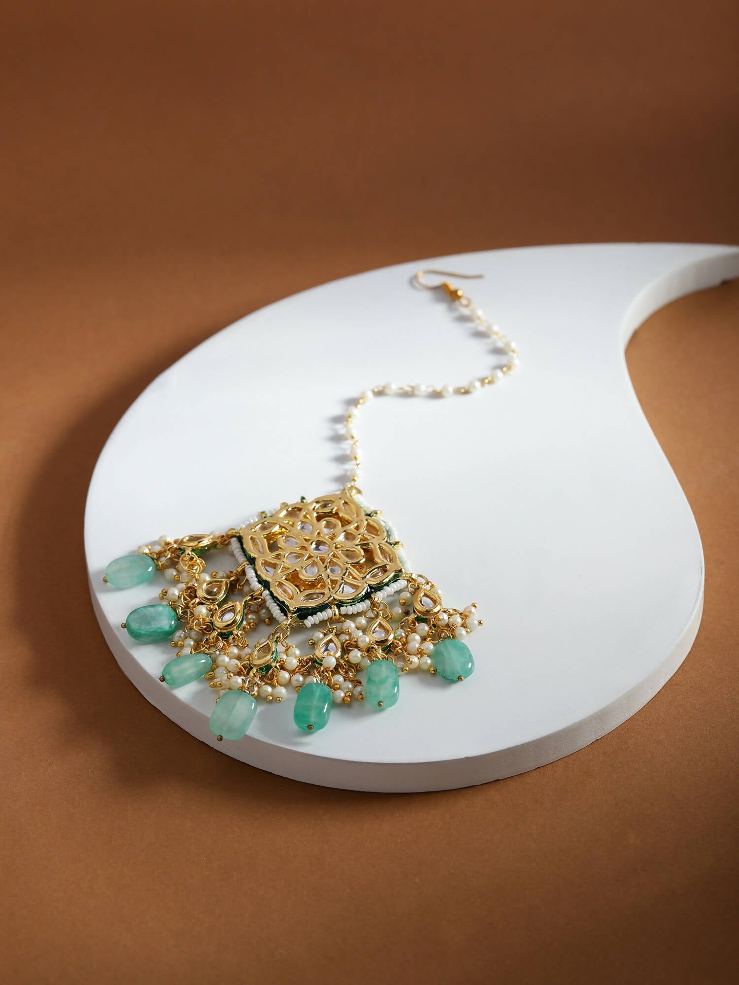 White Blue Gold-Plated Kundan-Studded Beaded Maang Tikka - Ruby Raang - Distacart