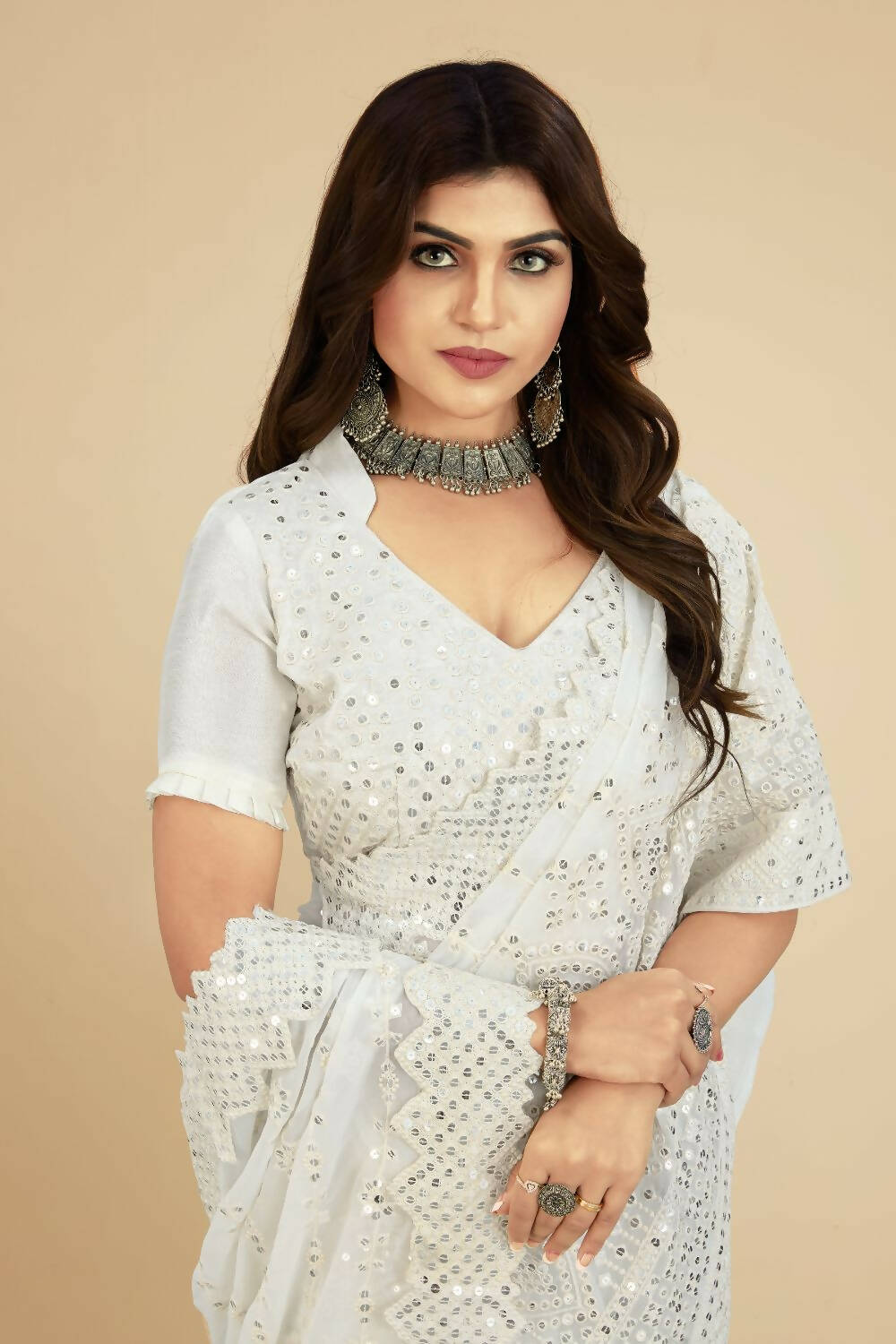 Vastrasky White Georgette Designer Saree - Distacart