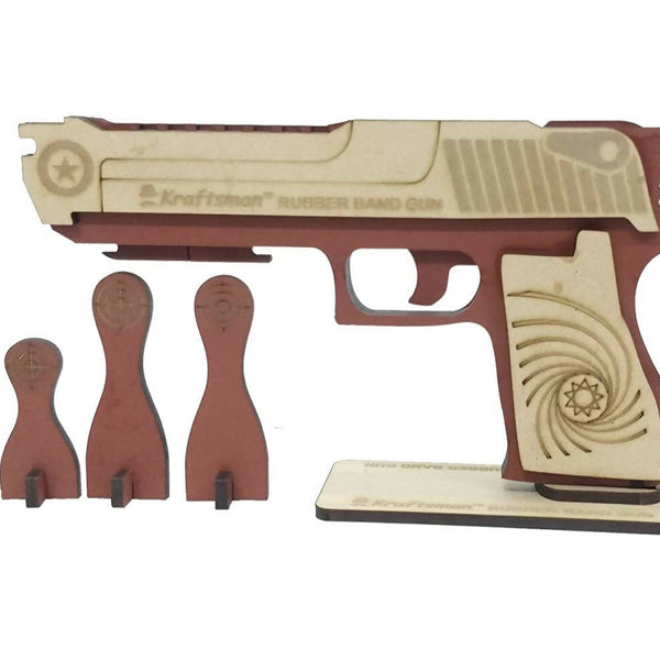 Kraftsman Semi-Automatic Wooden Rubber Band Shooting Gun Toys for Kids & Adults with Target | 5 Rapid Fire Shots - Distacart