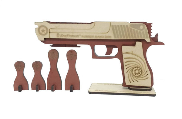 Kraftsman Semi-Automatic Wooden Rubber Band Shooting Gun Toys for Kids & Adults with Target | 5 Rapid Fire Shots - Distacart