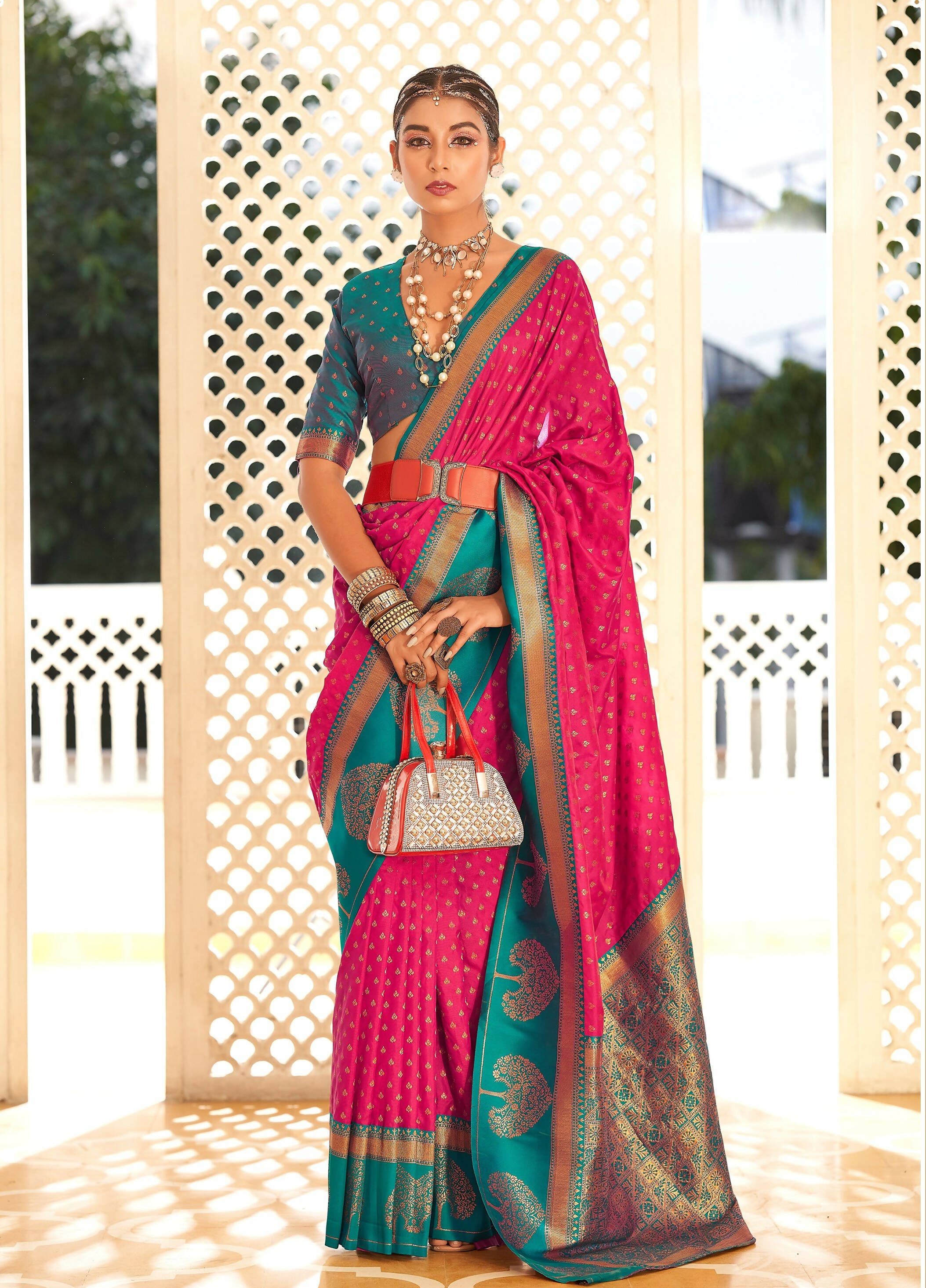 Pink Soft Banarasi Paithani Copper Zari Weaving Saree With Unstitched Blouse Piece - Jodha - Distacart