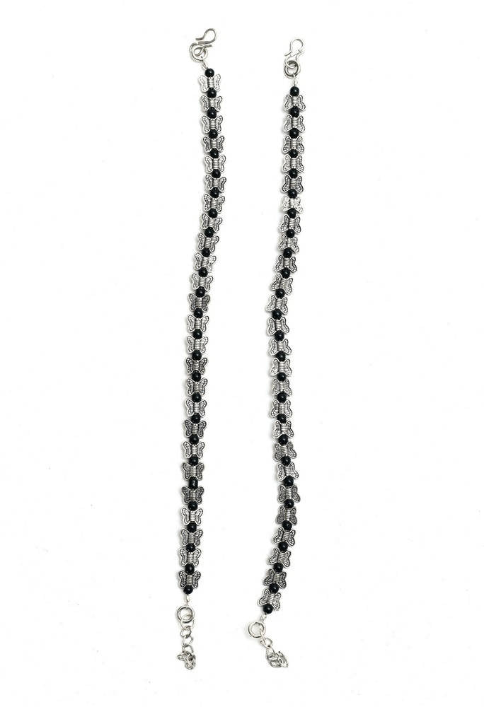 Mominos Fashion Kamal Johar Oxidised Silver Butterfly Anklets