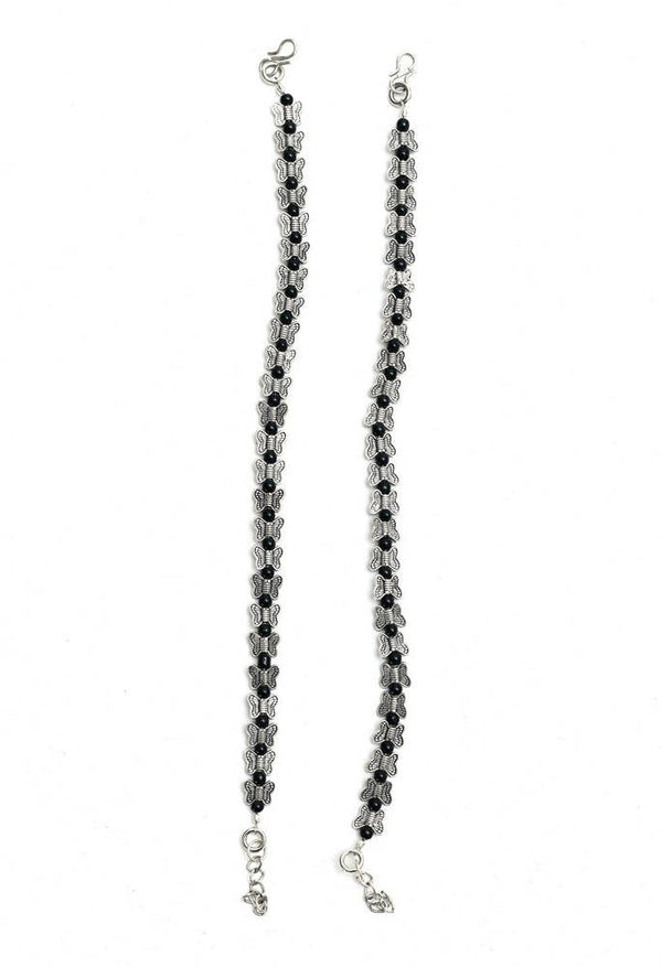 Mominos Fashion Kamal Johar Oxidised Silver Butterfly Anklets