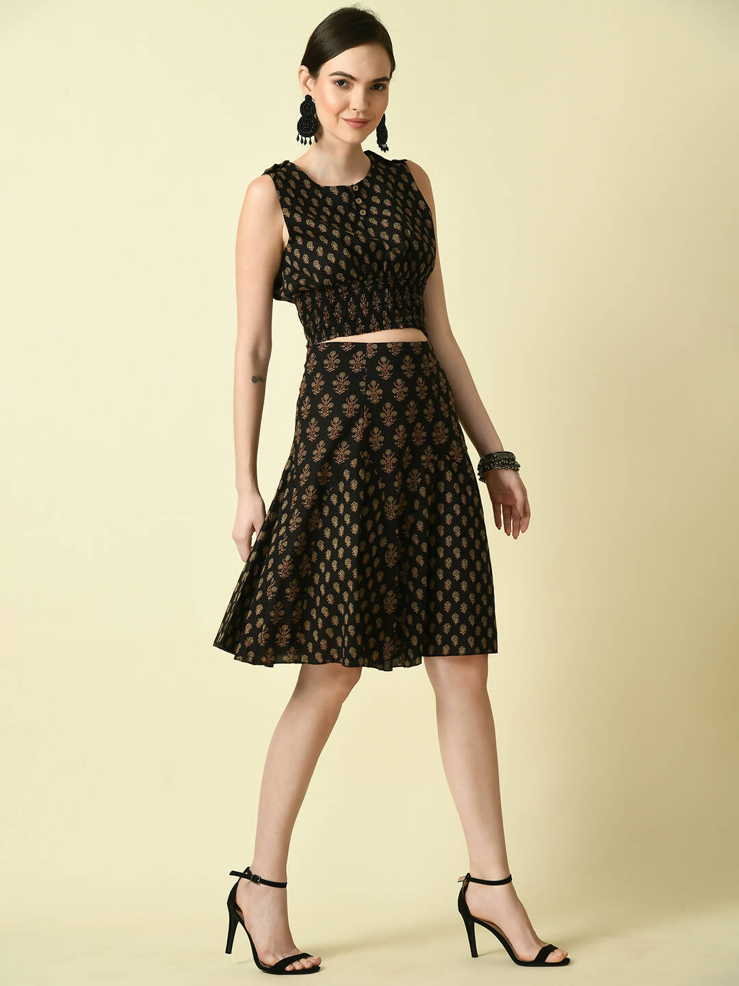 Myshka Women's Black Pure Cotton Printed Flared Skirt - Distacart
