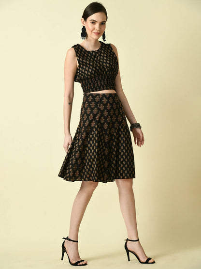 Myshka Women's Black Pure Cotton Printed Flared Skirt - Distacart