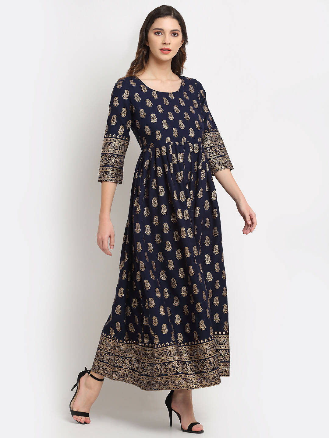 Rudra Bazaar Gold Printed A-Line Blue Kurti - Distacart
