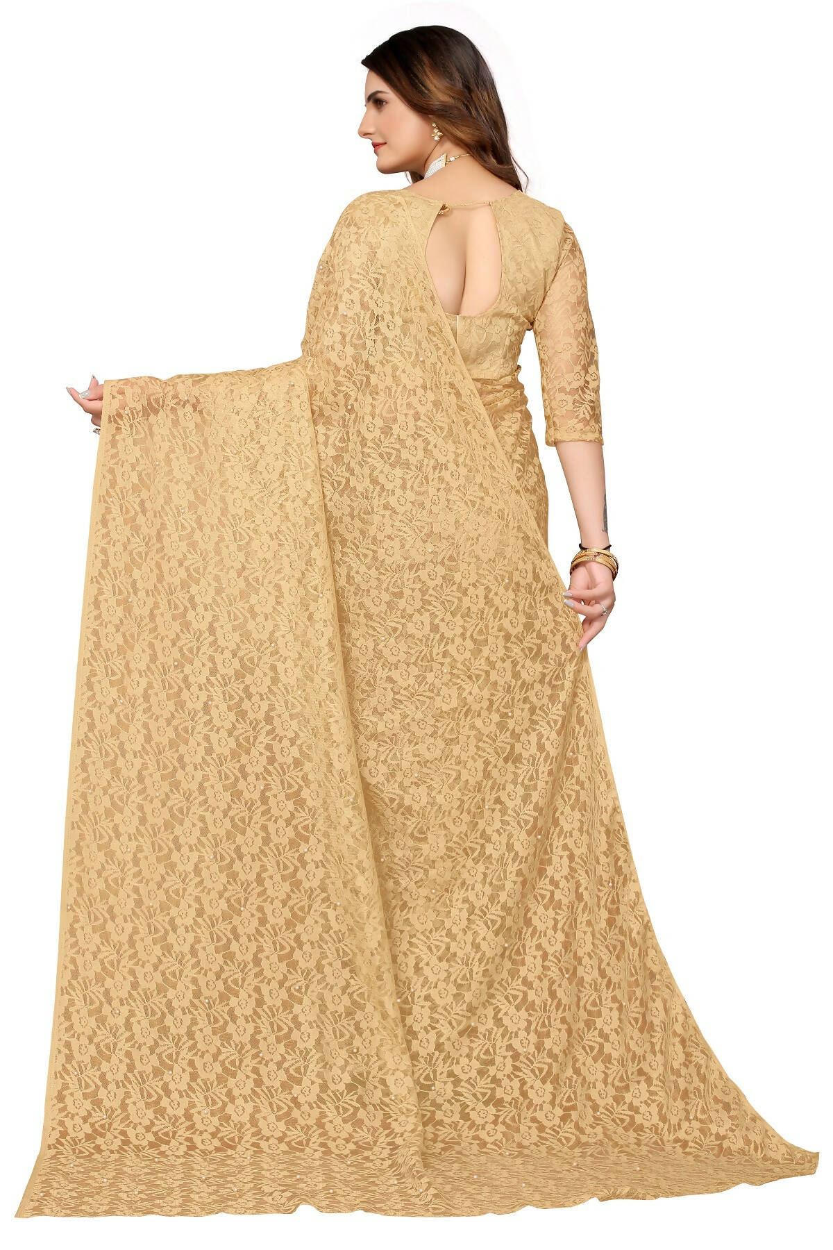 Vamika Brown Pearls Net Saree - Distacart