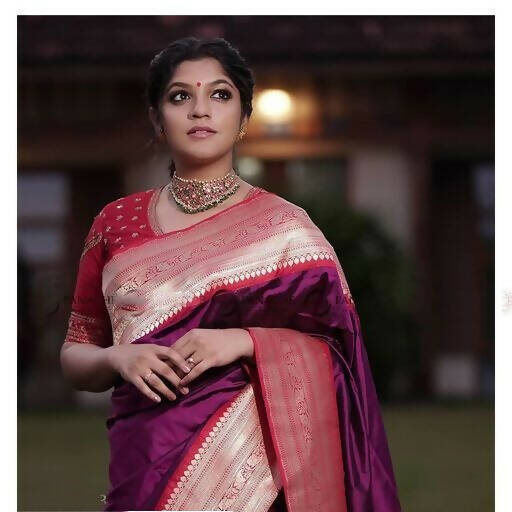 DEIANA'S Beautiful Golden Jari with New Design Soft Lichi Silk Saree - Purple - Distacart