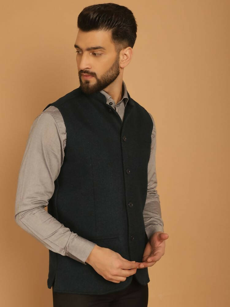 Even Apparels Pure Wool Nehru Jacket - Green - Distacart