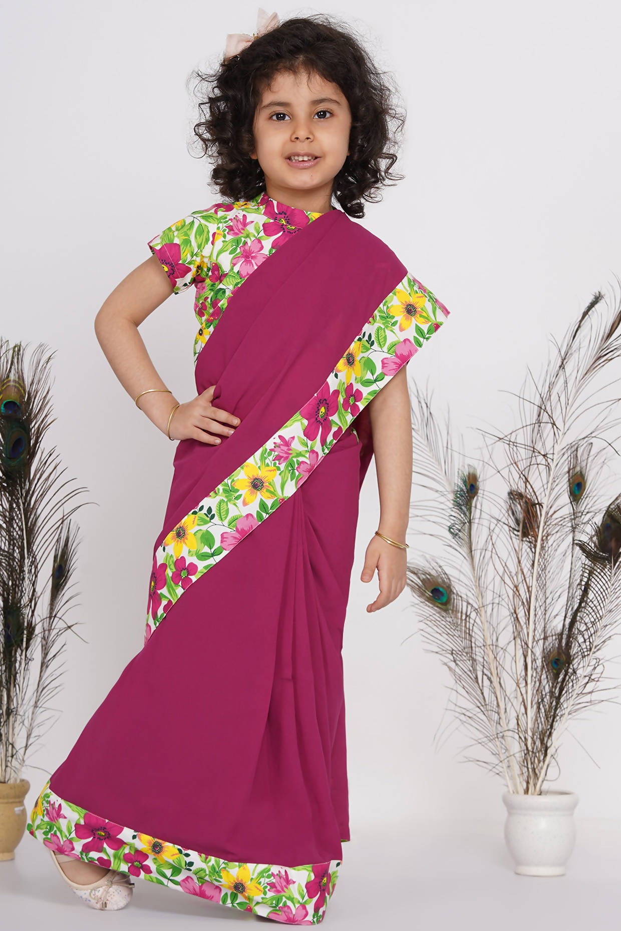 Little Bansi Floral Print Ready to Wear Saree and Floral Blouse - Magenta - Distacart