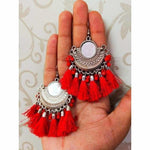 Thumbnail for Half Moon Chandbali Red Color Silk Threads Mirror Tassel Silver Earrings