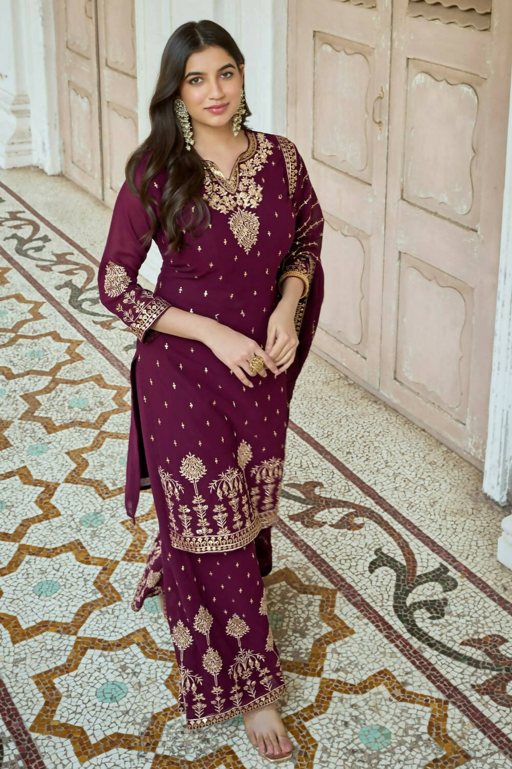 Wine Heavy Fox Georgette Embroidered Semi Stitched Suit - Dhvani - Distacart