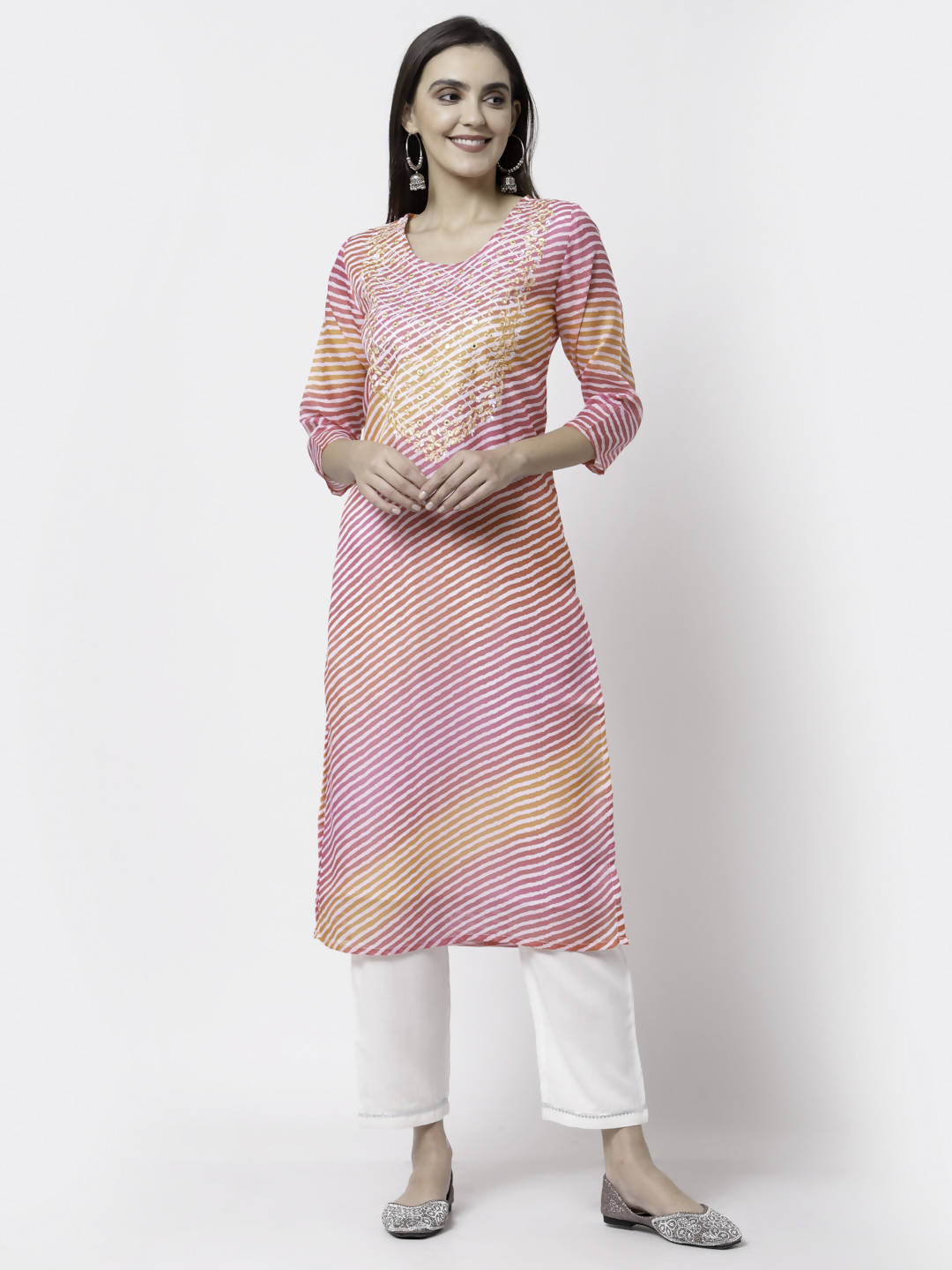 Myshka Pink Pure Cotton Printed 3/4 Sleeve Round Neck Kurta Pant Dupatta Set