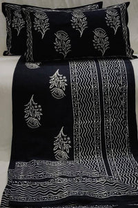 Thumbnail for Clovers & Crafts Double Bedsheet Hand Block With Two Pillow Covers - Black