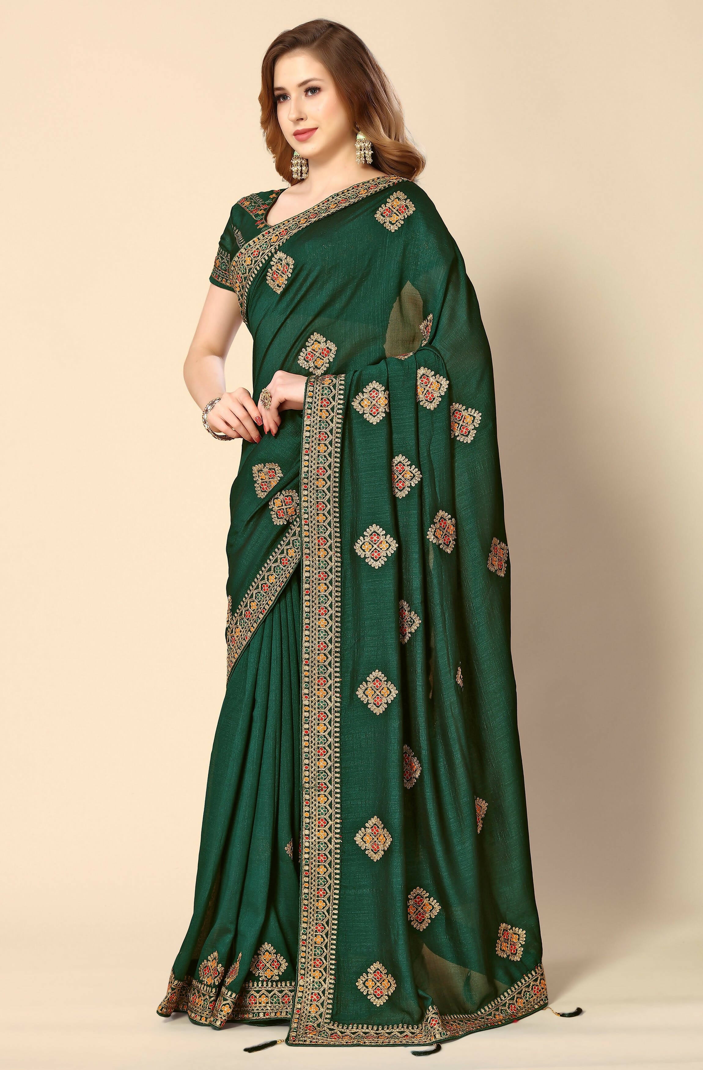 Green Chinon Embroidered Saree with Unstitched Blouse Piece - Roozal - Distacart