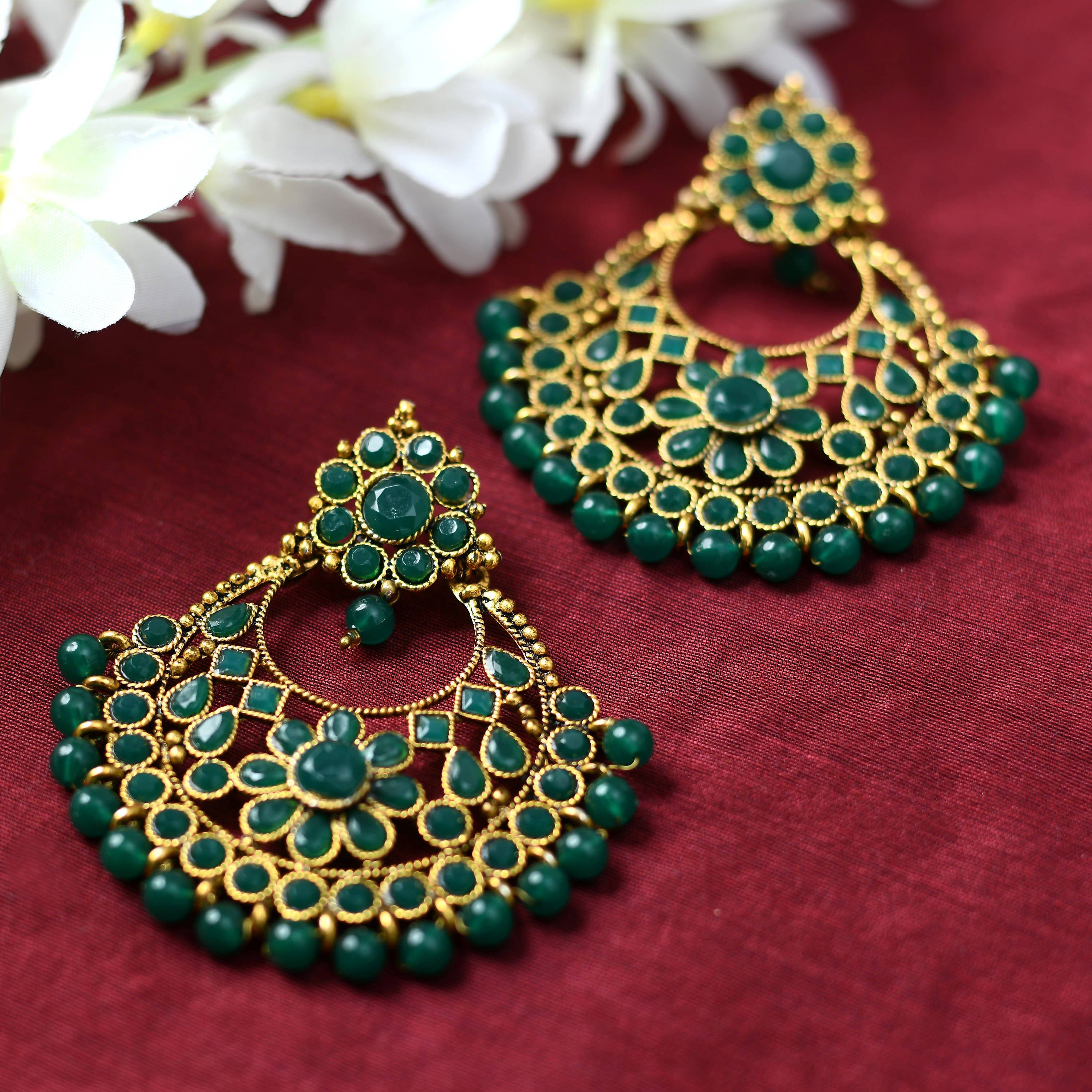 Mominos Fashion Johar Kamal Golden And Green Beaded Earrings - Distacart