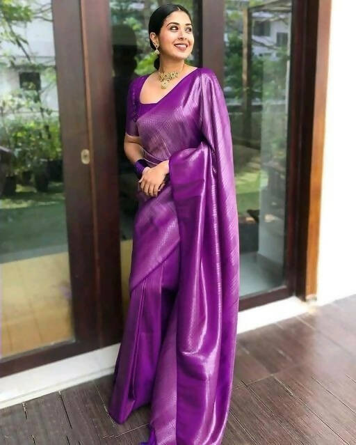 DEIANA'S Beautiful Golden Jari with New Design Soft Lichi Silk Saree - Purple - Distacart