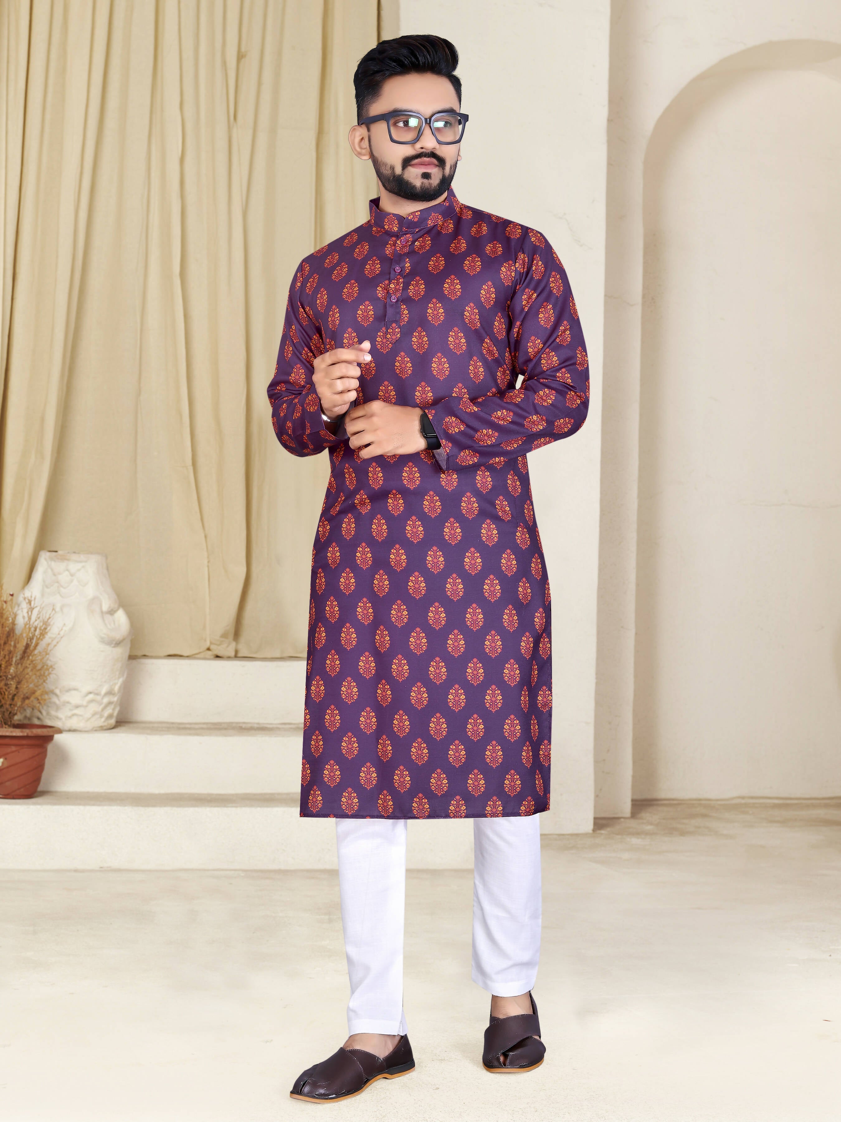 Mens Wine Cotton Printed Kurta - Mahotsav - Distacart