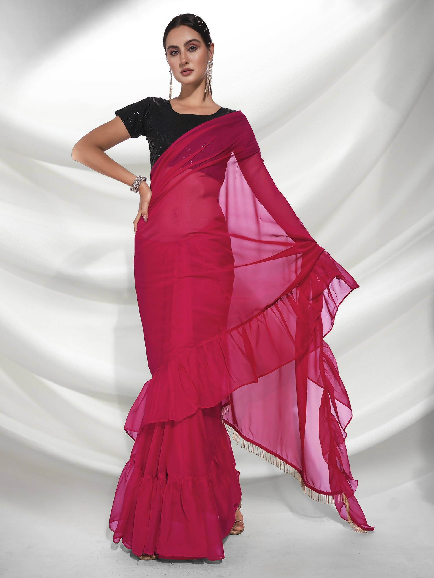 Pink Organza Solid Saree With Unstitched Blouse Piece - Shanaya - Distacart