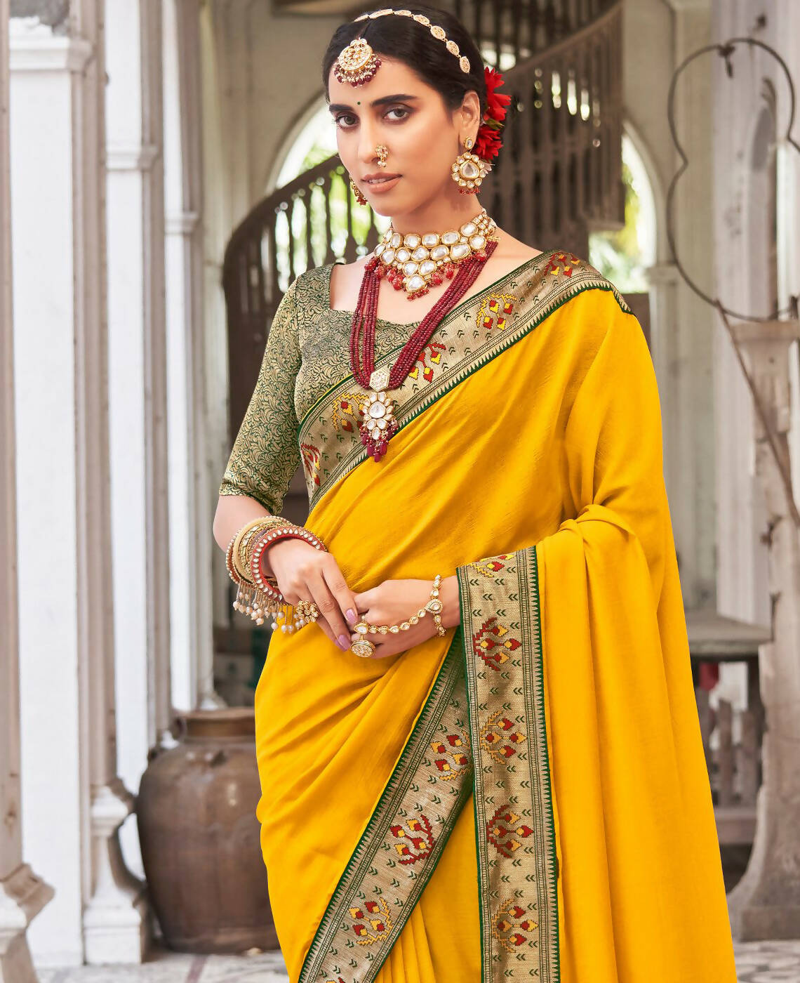 Mustard Vichitra Solid Saree With Unstitched Blouse Piece - Juhi - Distacart