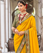 Thumbnail for Mustard Vichitra Solid Saree With Unstitched Blouse Piece - Juhi - Distacart