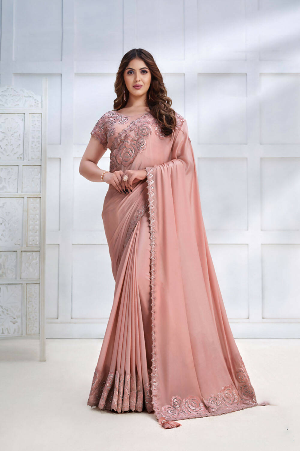 Peach Pure Crepe Georgette Cord & Sequence Embroidered with Stone work Saree - Mohmanthan Majestica - Distacart