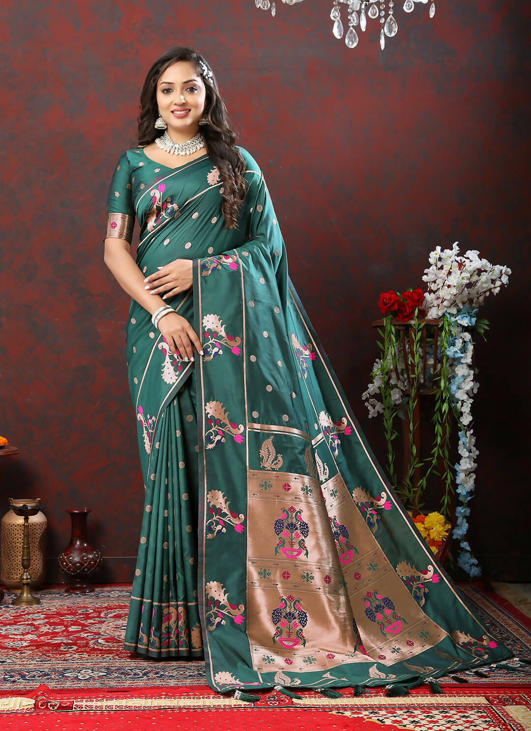 Lorenvalley Fashion Green Soft Paithani Silk Woven Design Copper Zari Meenakari Weaving Saree - Distacart