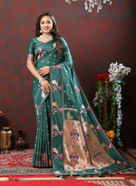 Thumbnail for Lorenvalley Fashion Green Soft Paithani Silk Woven Design Copper Zari Meenakari Weaving Saree - Distacart
