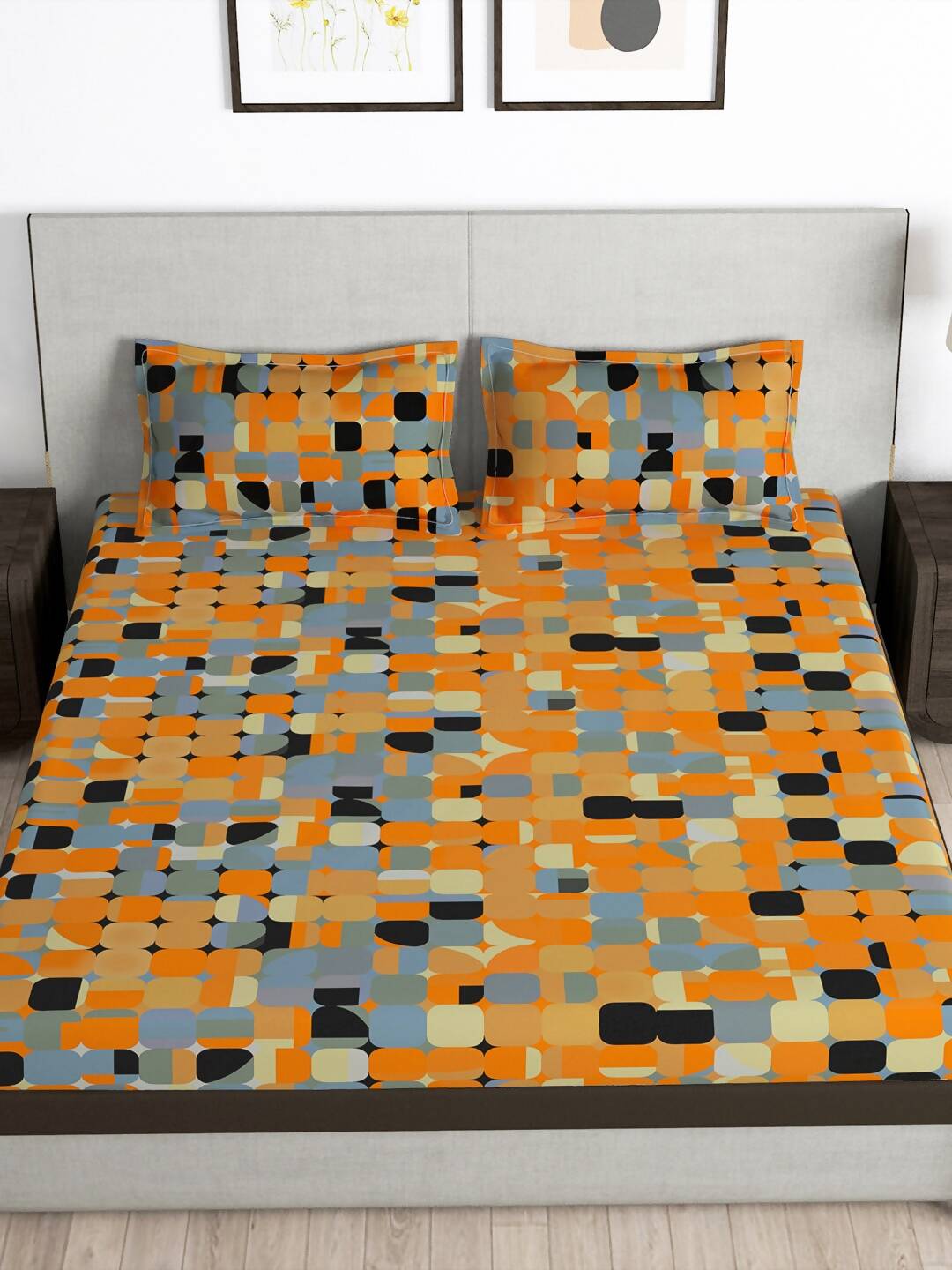 Story@home Orange & White Geometric Microfiber 180 TC Bedsheet With Pillow Cover - Distacart