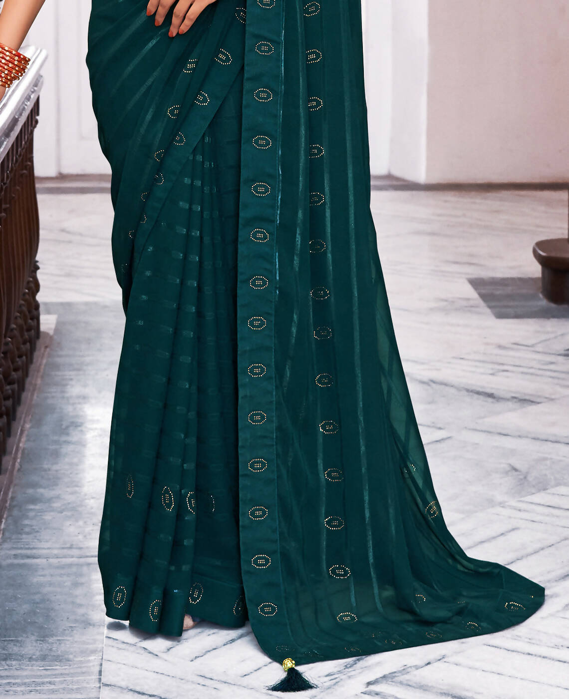 Teal Georgette Swaroski Work Saree With Unstitched Blouse Piece - Juhi - Distacart