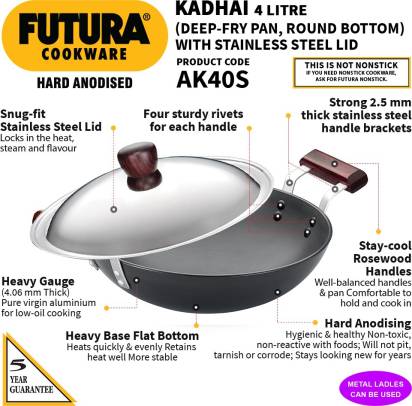 Hawkins Futura Hard Anodised Kadhai 30 cm Diameter with Lid 4 L (AK40S) - Distacart