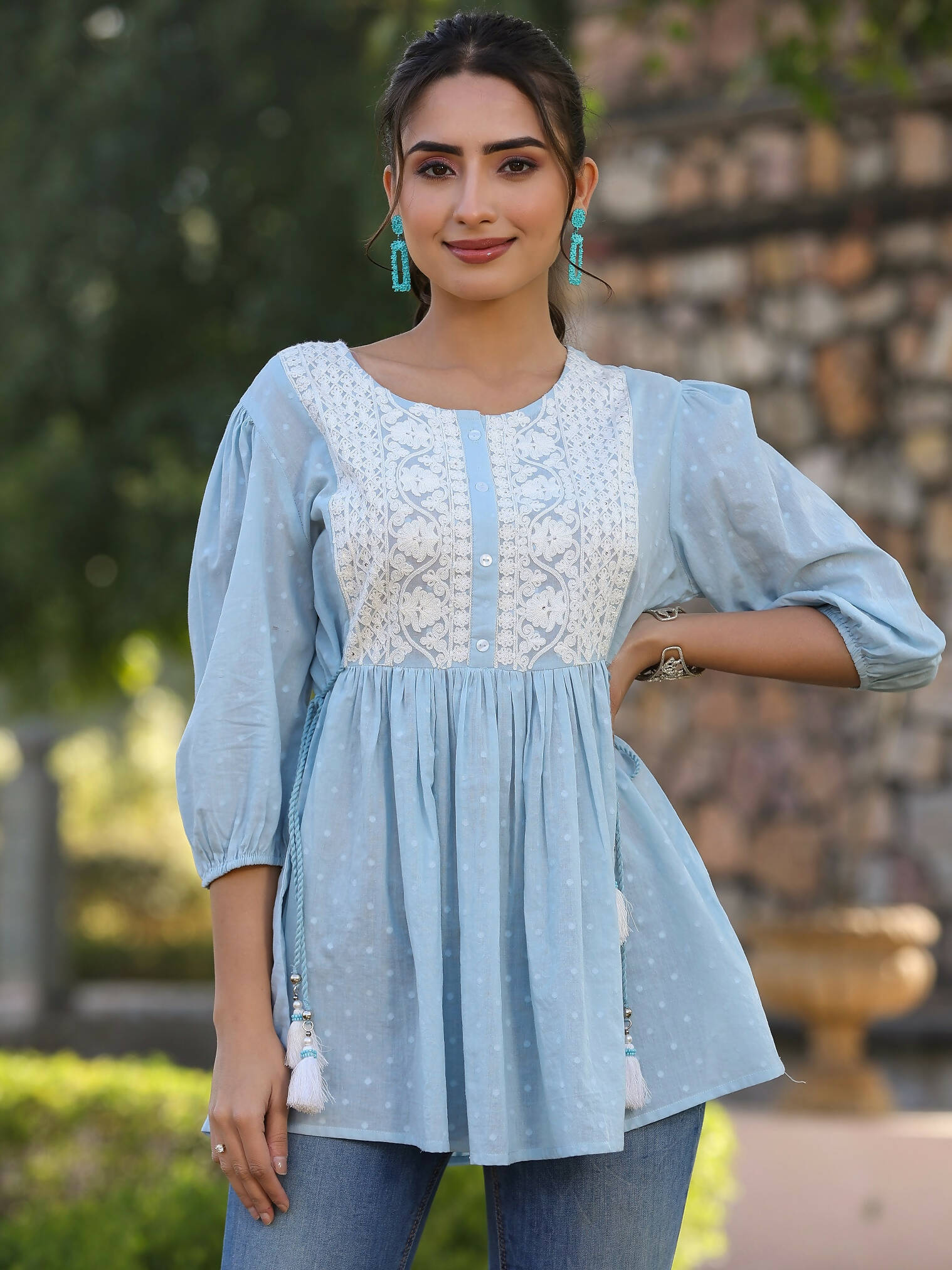 Juniper Women's Blue Cotton Dobby Solid With Embroidered Straight Tunic - Distacart